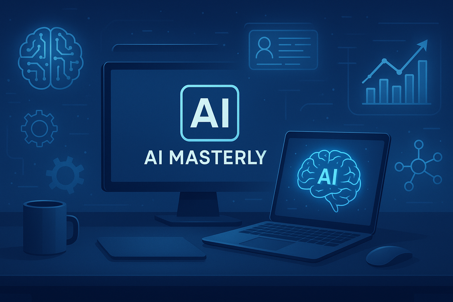 Modern AI-themed digital workspace with futuristic icons, holograms, and SEO graphs in the background — suitable for a tech brand called AI Masterly, in 1200x628 resolution.”